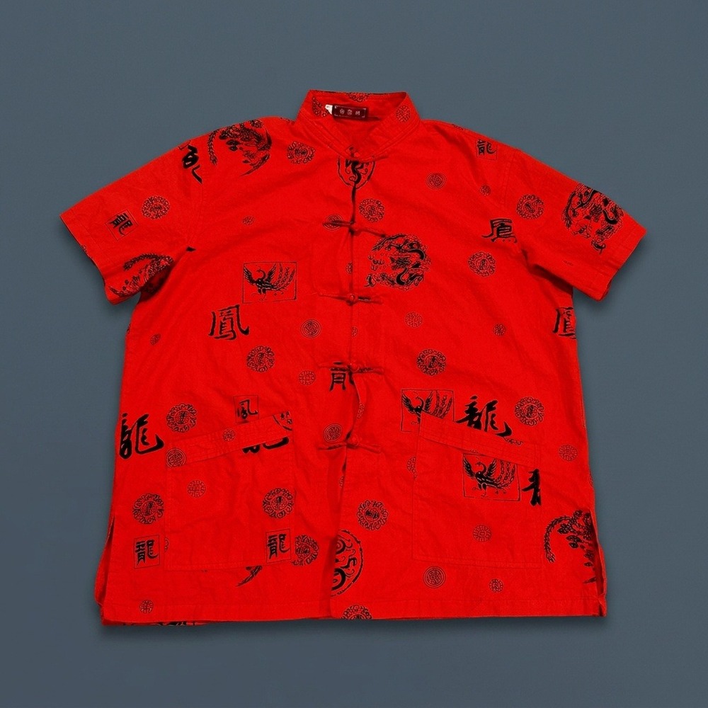 Mens 4XL Tang Suit Shirt Red Dragon Phoenix Kung Fu Frog Button 100% Cotton